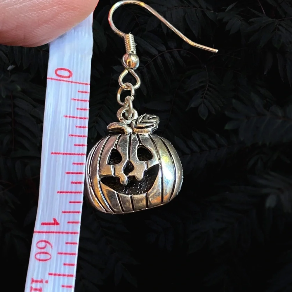 Hand Crafted Earrings Halloween Pumpkin Charm Silver Metal Dangle Pierced